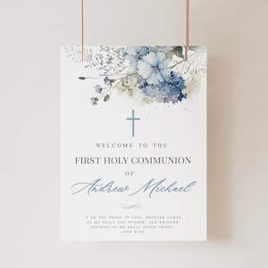 Letrero de bienvenida para Primera Comunión / Plantilla floral azul editable / Confirmación de niño / Letrero de bautismo de bebé / Descarga digital imprimible