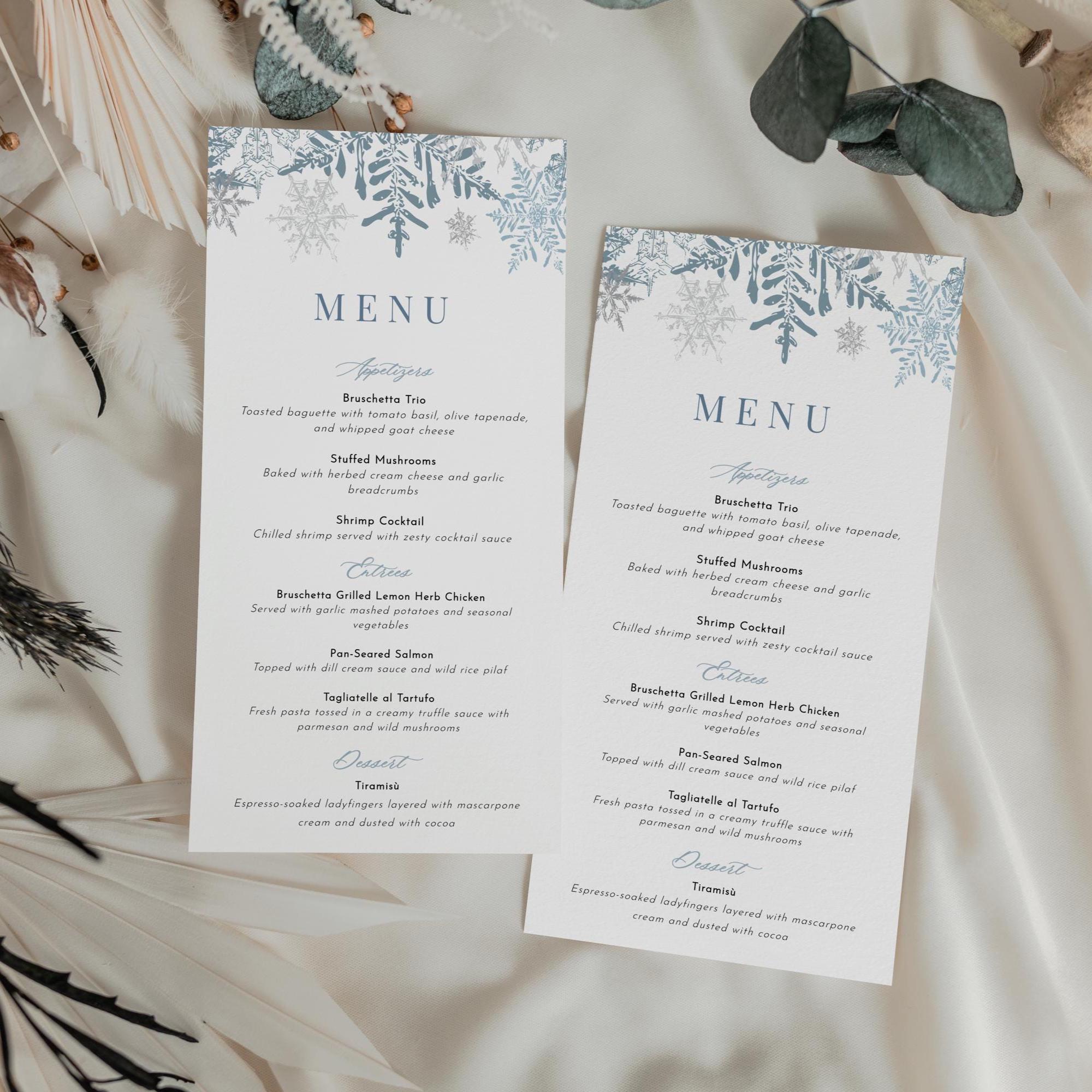 Winter Snowflake Menu Template, Blue Printable Wedding Menu, Editable ...