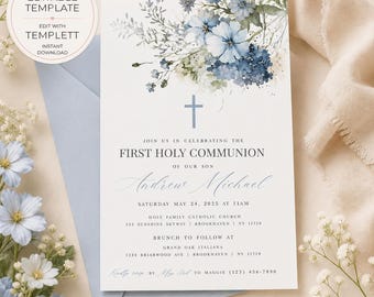 Blue Floral First Holy Communion Invitation Template | Editable Templett Invite | Boy Communion Printable | Instant Download Invite
