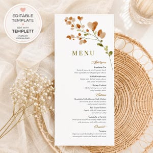 Fall Wedding Menu Template | Editable Autumn Floral Printable Menu | Rustic Thanksgiving Dinner or Bridal Shower Menu | Instant Download