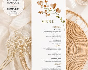 Modello di menu per matrimonio autunnale / Menu stampabile con motivi floreali autunnali modificabili / Menu rustico per cena del Ringraziamento o addio al nubilato / Download immediato