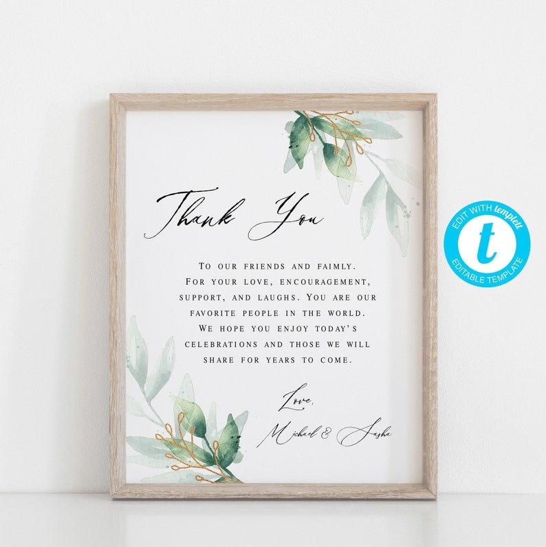 Wedding Thank You Sign, Wedding Thank You Card Template, Guestbook Sign, Templett, Thank You Poster, Reception Sign, Printable Sign image 1