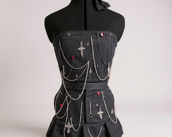 Upcycled Gothic Two-Piece Set – Bustier Corset Top + Pocketed Pleated Skirt | Laced Back, Chains + Charms | Adjustable Waist | Handmade from