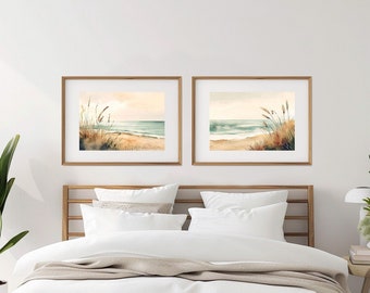 Serenity Beachscape, Printable Wall Art, Beach art, Set of two prints, Watercolor, Beach house Decor, AI art, Watercolour Scenery Print