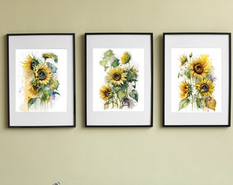 Set of 3 Sunflower Printable Wall Art, Botanical, Downloadable Art, Watercolor, Home Decor, Digital Art