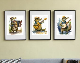 Set of 3 Cajun Alligators Musicians Printable Wall Art, Illustration, Downloadable Art, Watercolor, Home Decor, Digital Art, AI Art