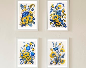 Set of 4 Traditional Ukrainian Petrykivka Style Printable Wall Art, Blue and Yellow, Downloadable Art, Watercolor, Home Decor, Digital Art