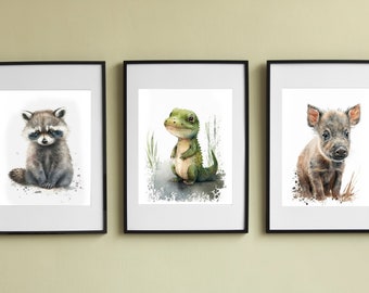 Set of 3 Nursery Wall Art, Woodland, Baby Alligator, Raccoon and Wild Hog, Downloadable Art, Watercolor, Home Decor, Digital Art, AI Art
