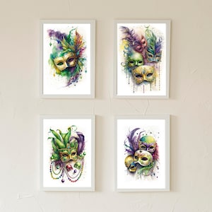 Set of 4 Mardi Gras Masks Printable Wall Art, Downloadable Art, Watercolor, Home Decor, Digital Art, New Orleans