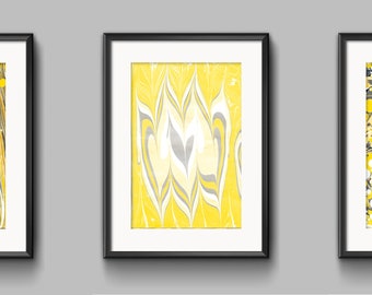 Set of 3 Traditional Marbling Style Printable Wall Art, Yellow and Grey, Downloadable Art, Home Decor, Digital Art
