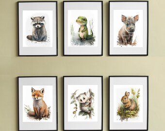 Set of 6 Nursery Wall Art, Woodland, Baby animals, Downloadable Art, Watercolor, Home Decor, Digital Art, AI Art