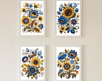 Set of 4 Ukrainian Folk art Folk art Petrykivka Style Printable Wall Art, Sunflowers, Blue and Yellow, Downloadable Art, Digital Art. AI Art