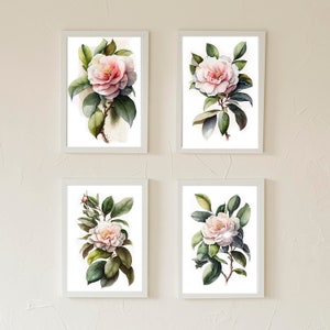 Set of 4 Camelia Printable Wall Art, Botanical, Downloadable Art, Watercolor, Home Decor, Digital Art