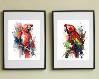 Set of 2 Red Macaw Printable Wall Art, Birds Art, Downloadable Art, Watercolor, Home Decor, Digital Art, AI Art