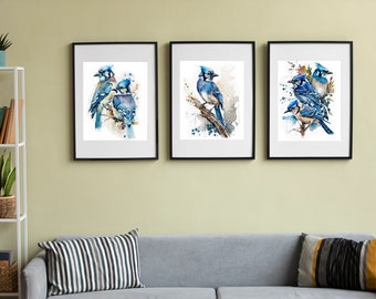 Set of 3 Blue Jay Printable Wall Art, Birds Art, Illustration, Downloadable Art, Watercolor, Home Decor, Digital Art, AI Art