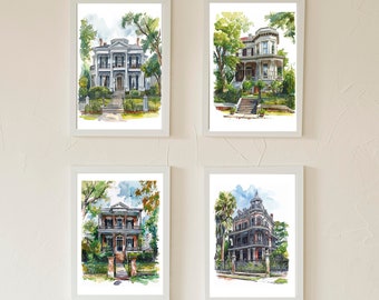 Set of 4 New Orleans Garden District Mansions Printable Wall Art, Downloadable Art, Watercolor, Home Decor, Digital Art