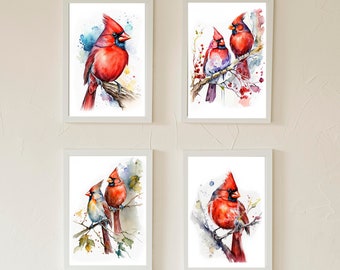 Set of 4 Cardinal Birds Printable Wall Art, Birds Art, Illustration, Downloadable Art, Watercolor, Home Decor, Digital Art, AI Art