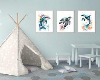Set of 6 Nursery Wall Art, Baby animals, Sea animals, Downloadable Art, Watercolor, Home Decor, Digital Art, AI Art