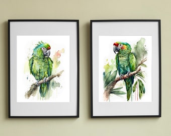 Set of 2 Green Macaw Printable Wall Art, Birds Art, Downloadable Art, Watercolor, Home Decor, Digital Art, AI Art