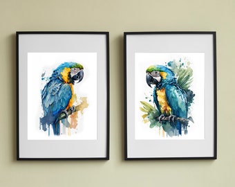 Set of 2 Blue Macaw Printable Wall Art, Birds Art, Downloadable Art, Watercolor, Home Decor, Digital Art, AI Art
