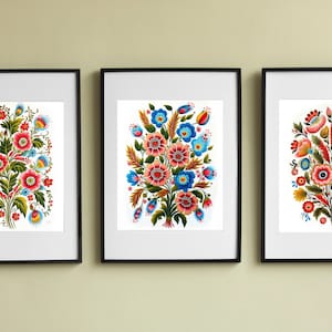 Set of 3 Ukrainian Folk art Petrykivka Style Printable Wall Art, Flowers, Pink and Blue, Downloadable Art, Digital Art. AI Art