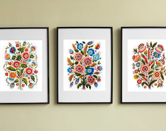 Set of 3 Ukrainian Folk art Petrykivka Style Printable Wall Art, Flowers, Pink and Blue, Downloadable Art, Digital Art. AI Art