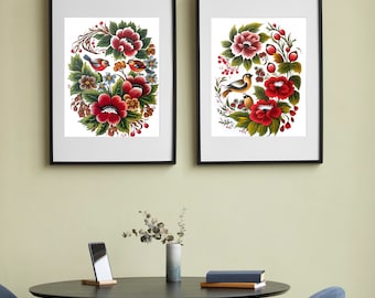 Set of 2 Ukrainian Folk art Petrykivka Style Printable Wall Art, Flowers and birds, Red and Green, Downloadable Art, Digital Art. AI Art