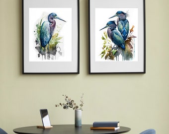 Set of 2 Little Blue Herons Printable Wall Art, Birds Art, Illustration, Downloadable Art, Watercolor, Home Decor, Digital Art, AI Art