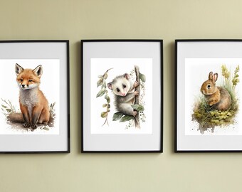 Set of 3 Nursery Wall Art, Woodland, Fox. Rabbit and Opossum, Downloadable Art, Watercolor, Home Decor, Digital Art, AI Art