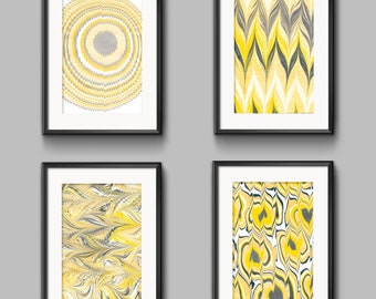 Set of 4 Traditional Marbling Style Printable Wall Art, Yellow and Gray, Downloadable Art, Home Decor, Digital Art