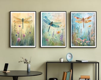 Dragonfly Art - Set of 3 images, 8x10" Home Decor Downloadable Wall Art, Watercolor, AI Art.