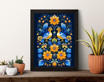 Ukrainian Folk art Petrykivka Style Tree of Life, Printable Wall Art, Flowers and birds, Digital Art. AI Art