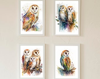 Set of 4 Barn Owls Printable Wall Art, Birds Art, Illustration, Downloadable Art, Watercolor, Home Decor, Digital Art, AI Art
