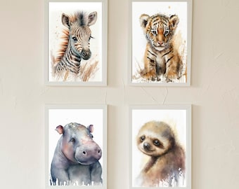 Set of 4 Nursery Wall Art, Jungle, Baby Animals Tiger, Sloth, Hippo, Zebra, Downloadable, Watercolor, Home Decor, Digital Art, AI Art