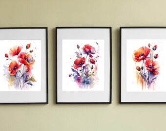 Watercolor Poppies Wall Art Set, Floral Printable Decor, Downloadable Digital Botanical AI Art