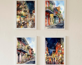 Set of 4 New Orleans Bourbon Street Day and Night Printable Wall Art, Downloadable Art, Watercolor, Home Decor, AI Art,