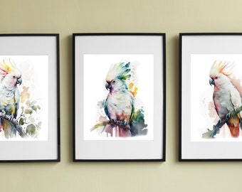 Set of 3 White Cockatoo Macaw Printable Wall Art, Birds Art, Downloadable Art, Watercolor, Home Decor, Digital Art, AI Art