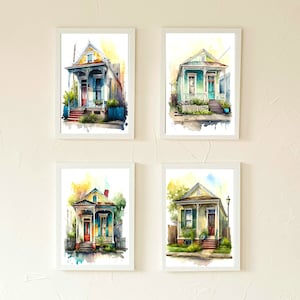 Conjunto de 4 casas de escopeta tradicionales de Nueva Orleans Arte de pared imprimible, arte descargable, acuarela, decoración del hogar, arte digital