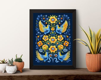 Ukrainian Folk art Petrykivka Style Tree of Life, Printable Wall Art, Flowers and birds, Digital Art. AI Art