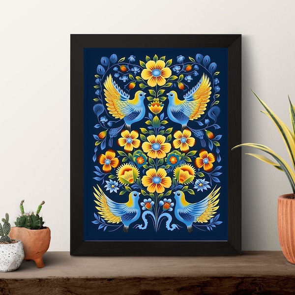 Ukrainian Folk art Petrykivka Style Tree of Life, Printable Wall Art, Flowers and birds, Digital Art. AI Art