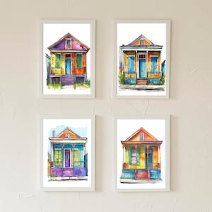 Set of 4 New Orleans Bright Traditional Shotgun Houses Printable Wall Art, Downloadable Art, Watercolor, Home Decor, Digital Art