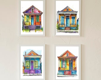 Set of 4 New Orleans Bright Traditional Shotgun Houses Printable Wall Art, Downloadable Art, Watercolor, Home Decor, Digital Art