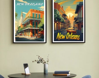 Midcentury New Orleans Art - Set of 2 Retro Style Posters, 16x20" Home Decor Downloadable, Printable Wall Art, AI Art