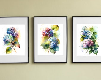 Elegant Hydrangea Watercolor Print Set for Instant Download, Floral Art, Home Decor