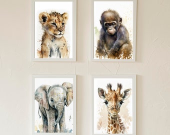 Set of 4 Nursery Wall Art, Jungle, Baby Animals Lion. Elephant, Giraffe, Gorilla, Downloadable, Watercolor, Home Decor, Digital Art, AI Art