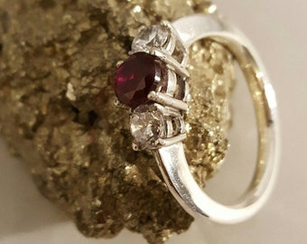 Sterling Silver Three Stone Solitaire Ring with Ruby and White Topaz Stones