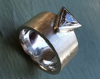 Contemporary 10mm Wide Band Sterling Silver Ring with 6mm Facetted Triangular White Moissanite