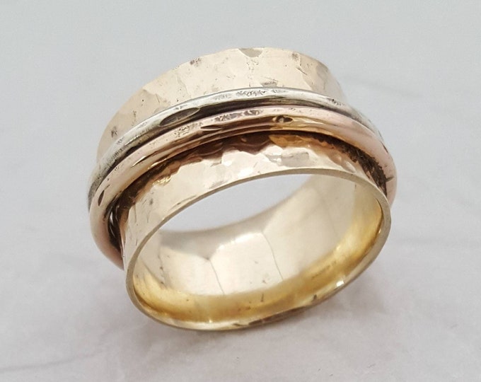 Unisex 9ct Yellow Gold 10 mm Wide Meditation / Fiddle Spinner Ring with Silver and Copper Spinners.  Hammer Finished