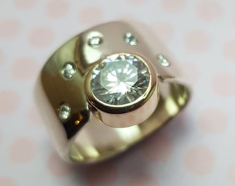 Contemporary Custom 12mm Wide Band Sterling Silver Ring with Tube Set 8mm Facetted Moissanite  in 9ct Yellow Gold Bezel