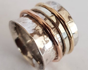 Unisex Sterling Silver 15 mm Wide Meditation / Fiddle Spinner Ring with White, Yellow and Rose Gold Spinners .  Hammer Finished